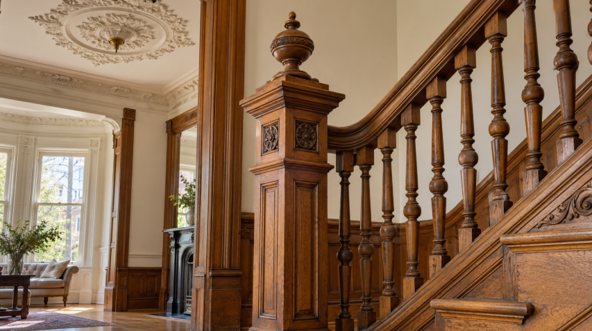 Carved wood staircase and decorative plasterwork inside a Victorian home in San Fran